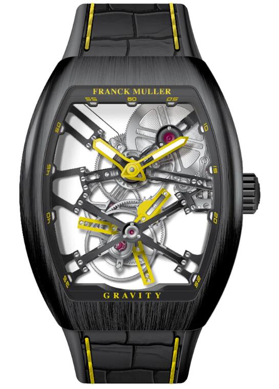 Best FRANCK MULLER Vanguard Gravity Skeleton Tourbillon Brushed Black Titanium - Yellow V 45 T GR CS SQT (JA) (NR BR TT) (NR.JA) Replica Watch